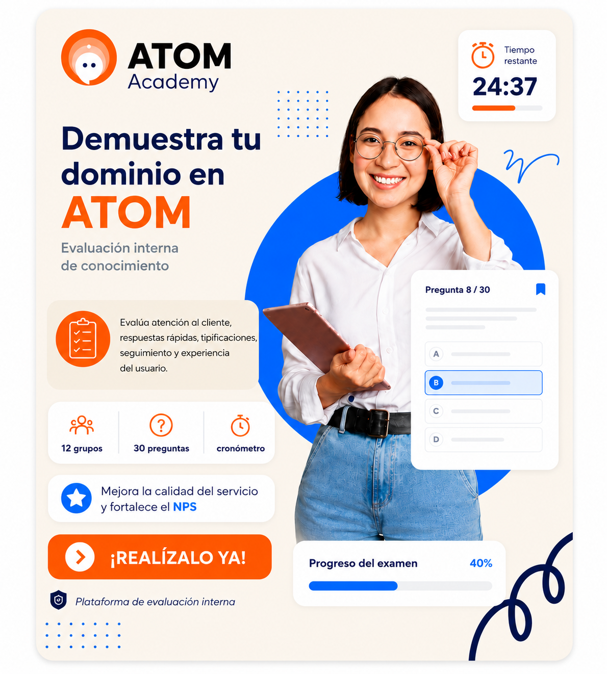 Pieza grafica del Examen General ATOM con resumen de la prueba